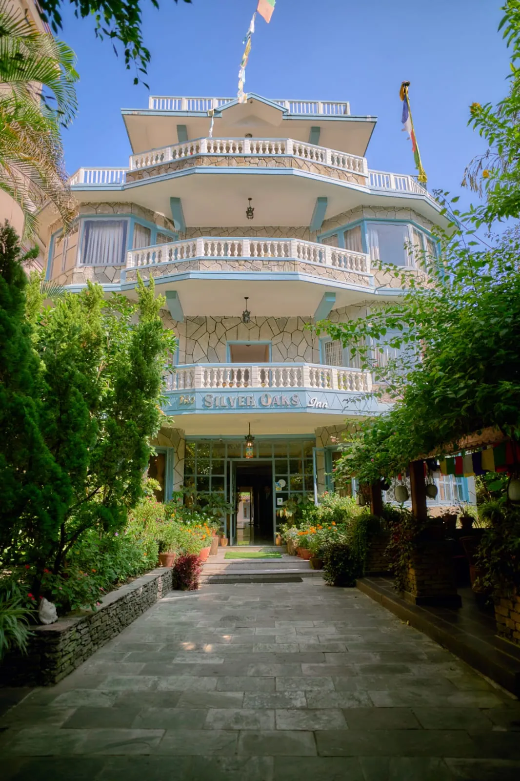 The hotel from the garden path at The Silver Oaks Inn, Pokhara