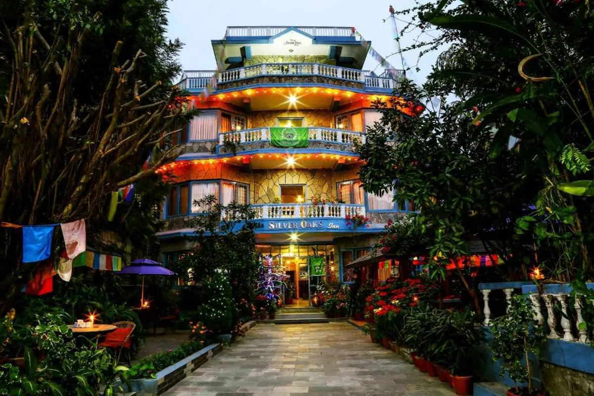 Garden path to the entrance at The Silver Oaks Inn, Pokhara