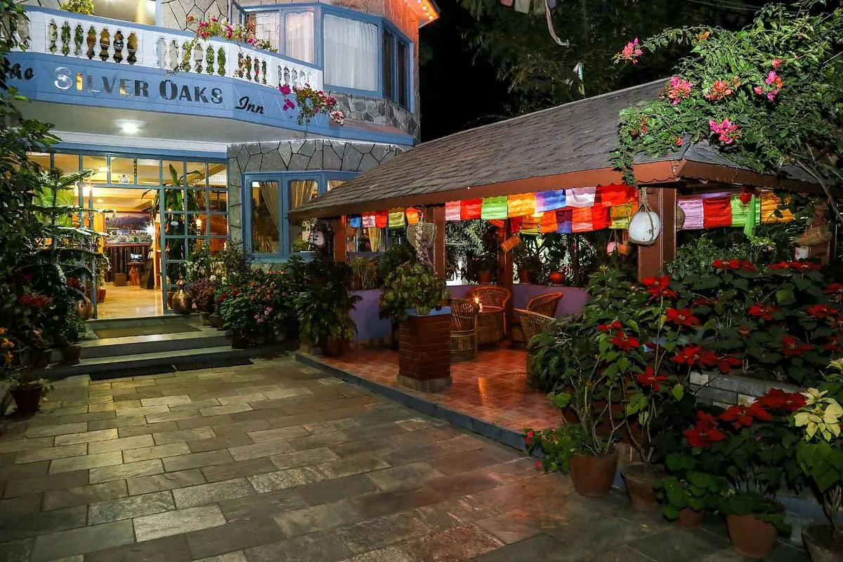 Hotel facade and pavilion at The Silver Oaks Inn, Pokhara
