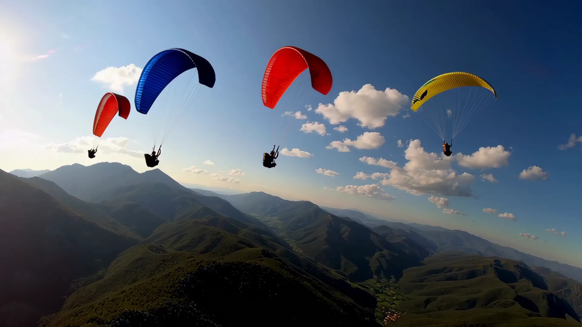 Colourful paragliders flying over the green hills around Pokhara