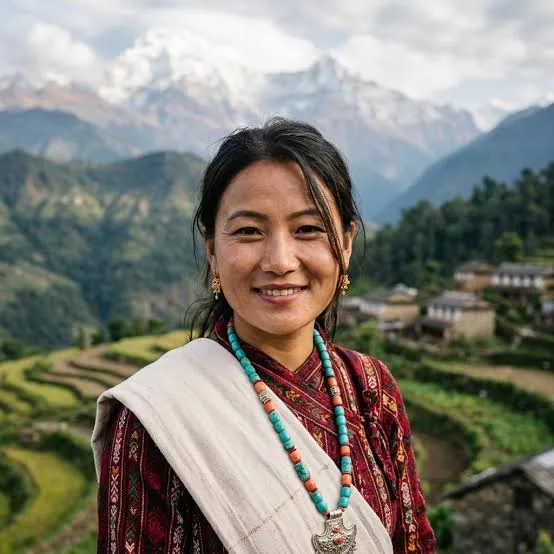 Smiling Gurung woman in a white shawl and coral necklace with terraced fields and the Annapurnas behind