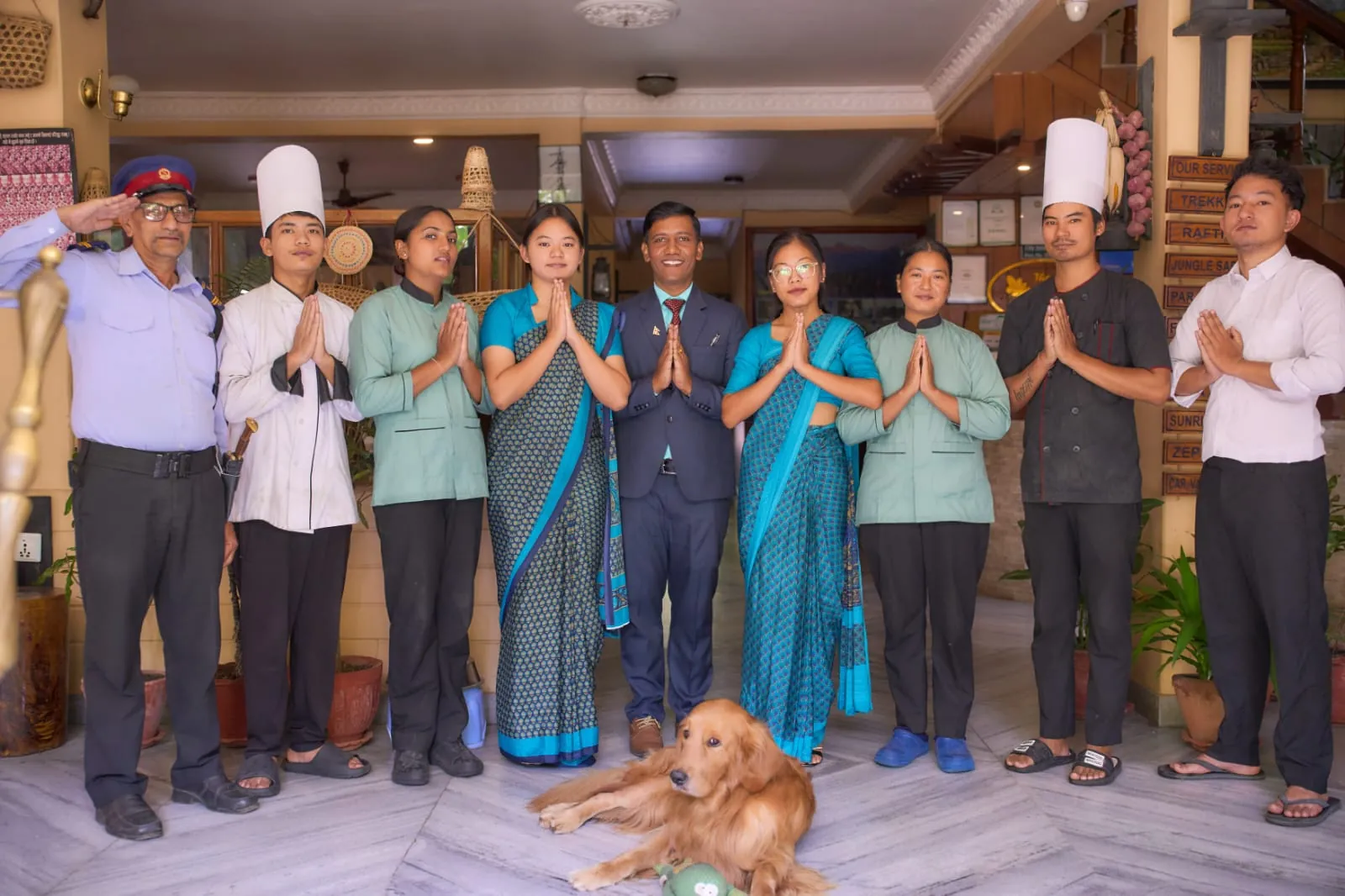 The team, and Puku at The Silver Oaks Inn, Pokhara